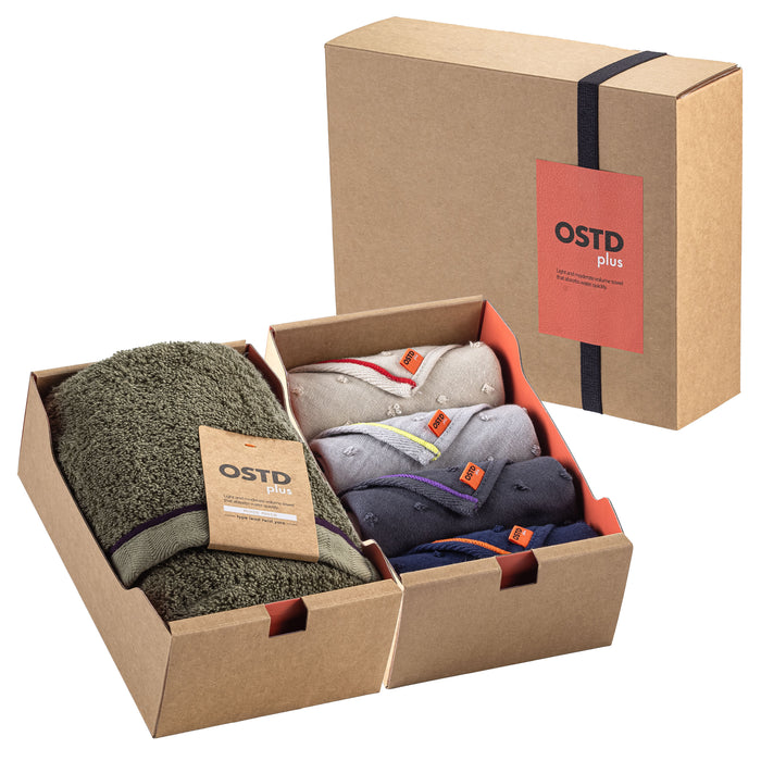 タオルギフト【OSTD plus】ギフトBOX #05 フェイスタオル〈カーキ〉 × タオルハンカチ4枚〈ドットガーゼ〉 セット